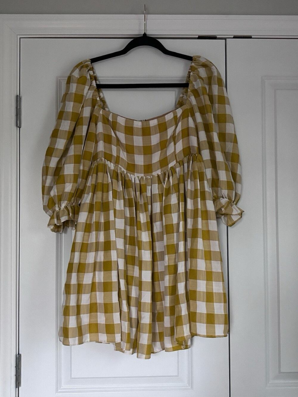 Mable Gingham Puff Sleeve Babydoll Mini Dress Womens Size Small
